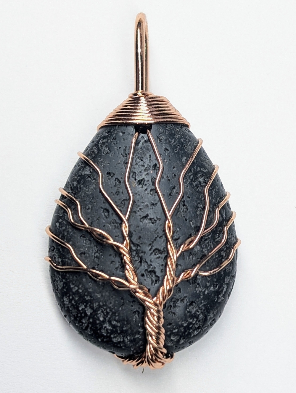 Handwired Tree of Life Pendant — Black Lava Stone with Rose Gold Wire